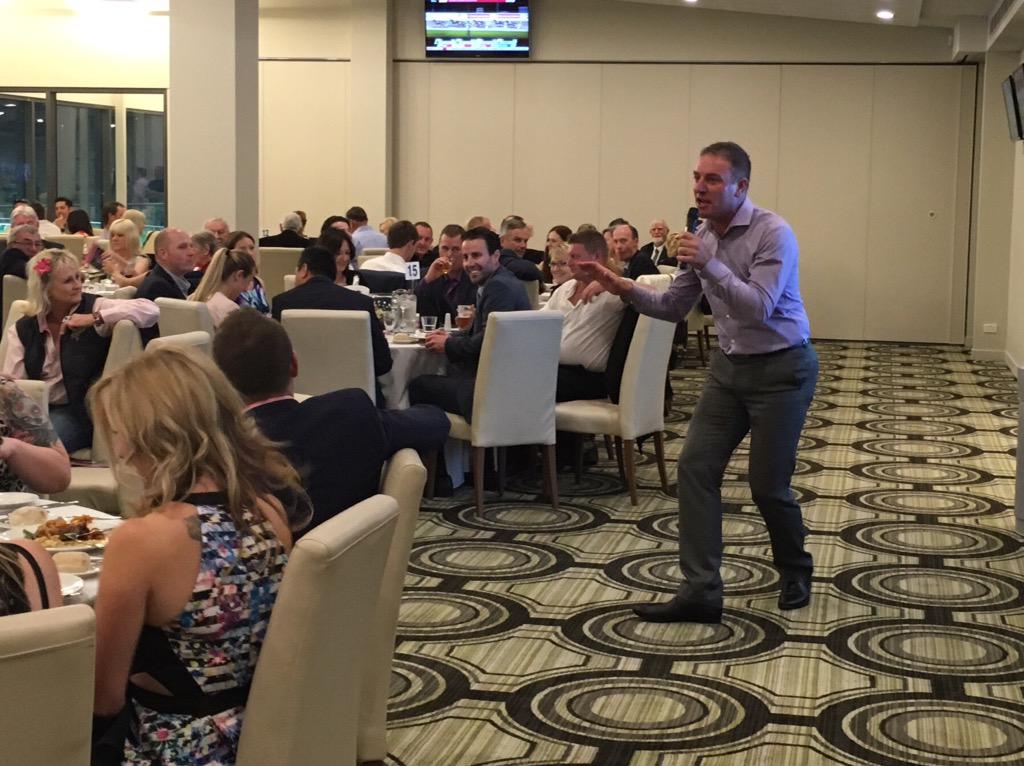SthsideRacing's tweet photo. @tabcomau #CranbourneCup Calcutta guests entertained by Sam, Denis, Gerard Whateley &amp; something special from Bruce http://t.co/ZCsJc83Ty6