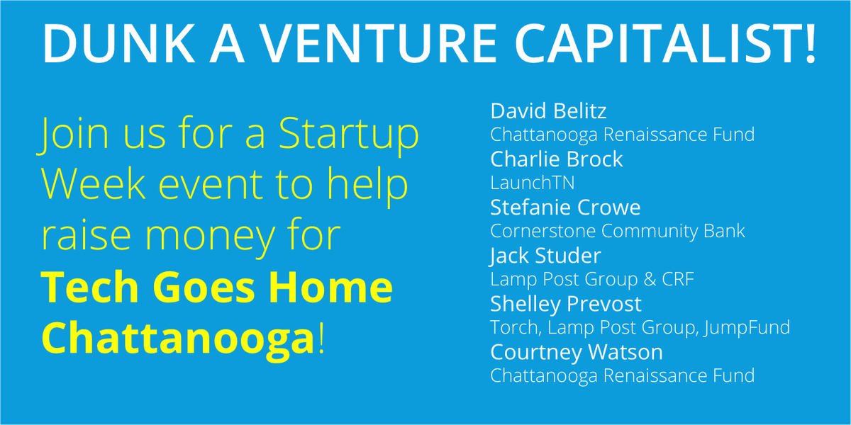 TechGoesHomeTN's tweet photo. Donate to #TechGoesHomeCHA and dunk a VC during #startupweekcha! Sponsored by @Noogafund! https://t.co/ScUDoHmb2M http://t.co/tVpbI70Ns2
