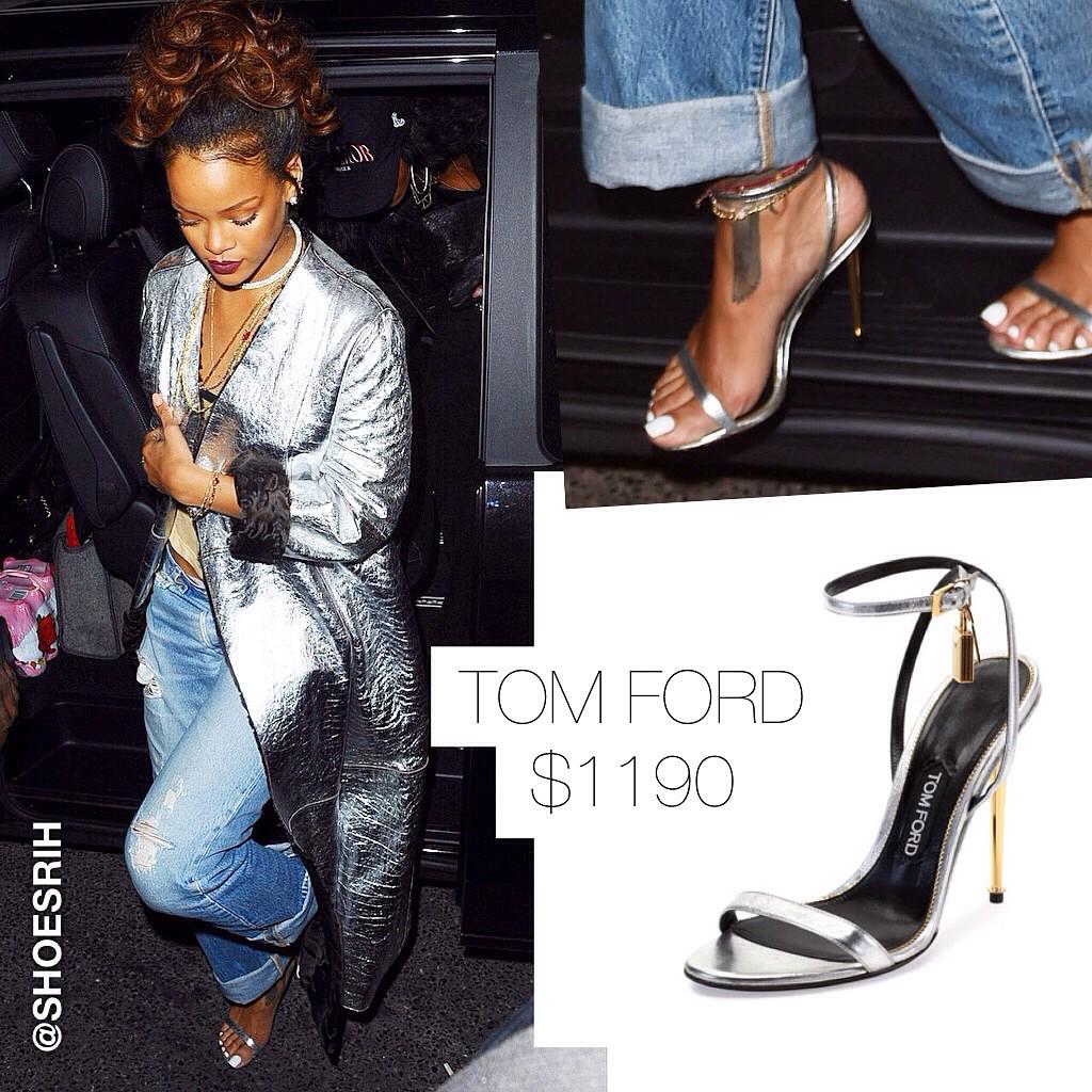 Pregnant Rihanna Walks on Gold in Tom Ford Padlock Sandals With