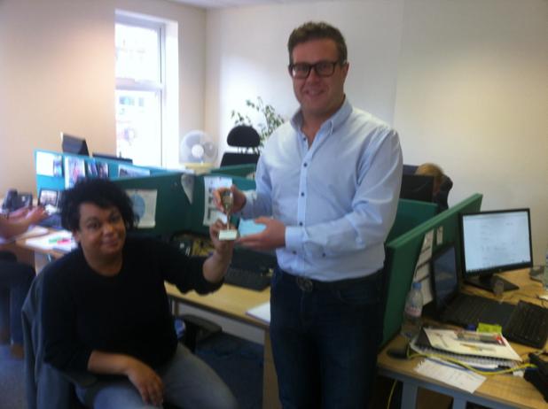 Databroker's tweet image. All smiles from Silverstone this week as he hands his new trophy to quiz loser Cheryl Jones