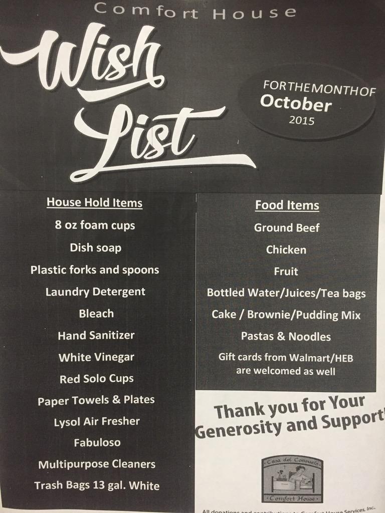 MemorialFCCLA's tweet photo. FCCLA is collecting donations for the Comfort House! Please bring in items from the Wish List by next week to help!! http://t.co/0yynYXst1J