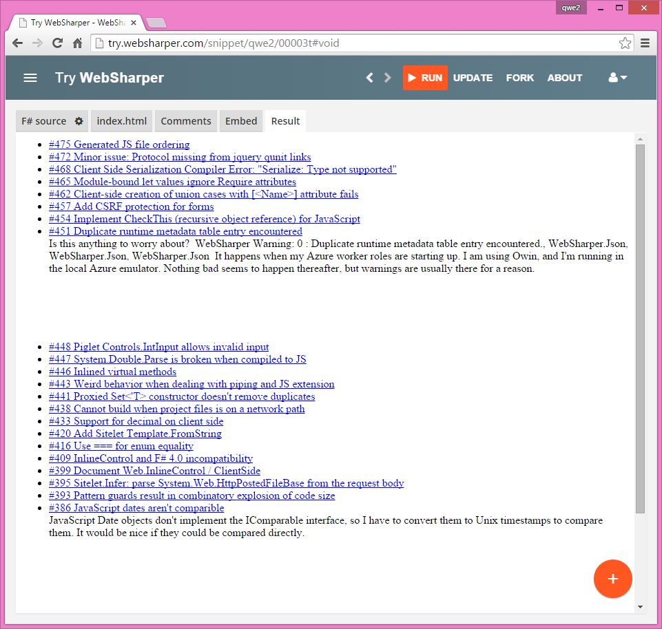 trywebsharper's tweet photo. JsonProvider in WebSharper to query GitHub and render it with UI.Next #fsharp #websharper http://t.co/2MYLx2qGyl http://t.co/8HBSvRkspu