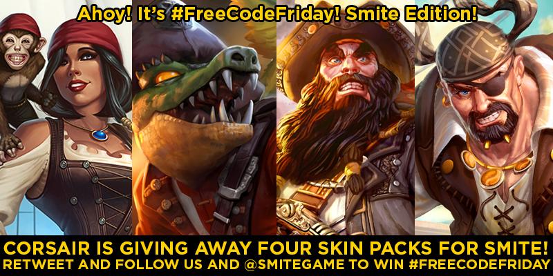CORSAIR's tweet photo. PREPARE TO BE BOARDED! We're giving away FOUR skin packs for Smite! RT follow us &amp; @SmiteGame to win! #FreeCodeFriday http://t.co/YDmU2mEqcn