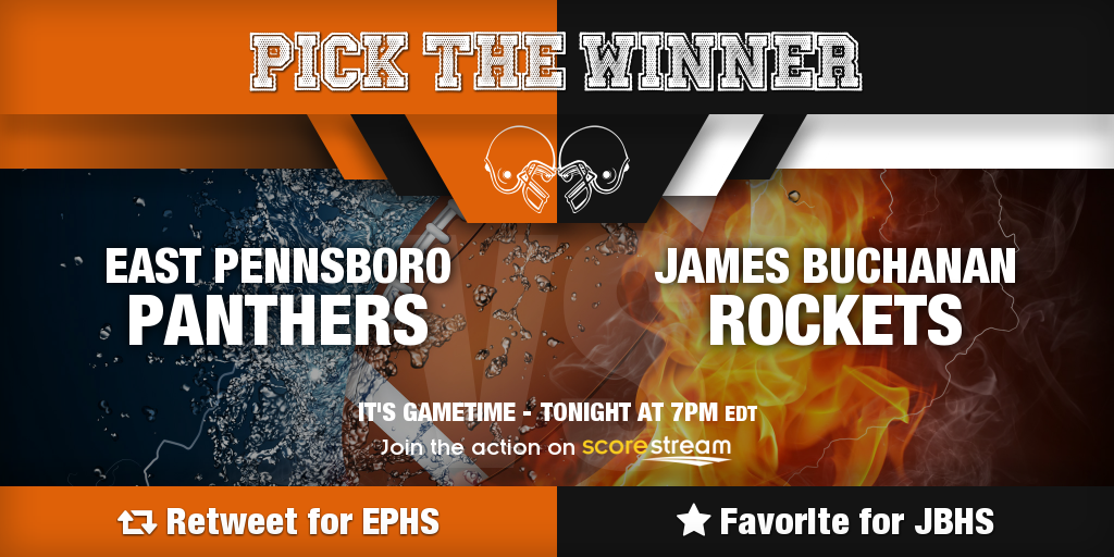 ScoreStreamNE's tweet photo. Who wins??
Retweet for East Pennsboro (@eastpennfootbll)
Favorite for James Buchanan
http://t.co/XM7UbN0V5T http://t.co/jzBQrXbNPZ