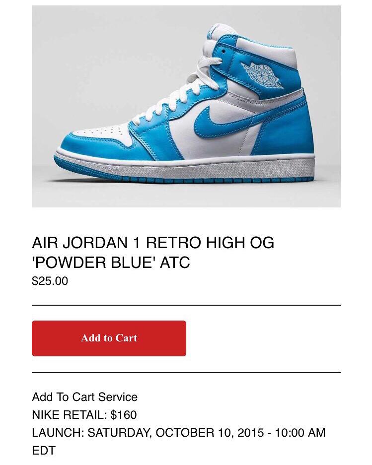 OutofLineClub's tweet image. LAST CHANCE FOR AIR JORDAN 1 RETRO HIGH OG 'POWDER BLUE' (UNC) ADD TO CART SLOTS