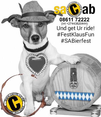 SACAB_SA's tweet photo. Und get your taxi ride #bringingyouhome safely call 0861172222 #SABierfest #FestKlausFun 9-11 Oct @SABierfest http://t.co/jrDWKAPFfM