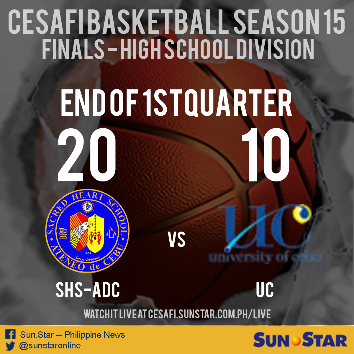 nickotubo's tweet photo. [END OF THE Q1] 

SHS-AdC 20-10 UC

Watch it live at http://t.co/osUwfPjFKo #Cesafi2015 #HSDivision #Finals http://t.co/5DPFooFxMq