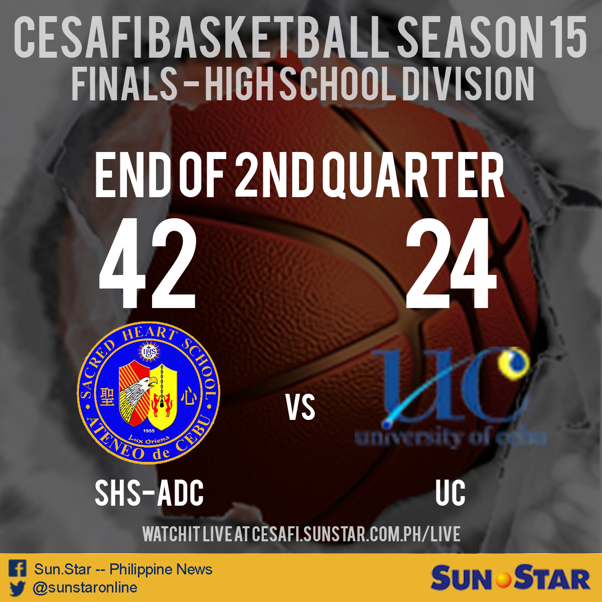 nickotubo's tweet photo. [END OF THE Q2]

SHS-AdC 42-24 UC

Watch it live at http://t.co/osUwfPjFKo #Cesafi2015 #HSDivision http://t.co/pvy10EX0JG