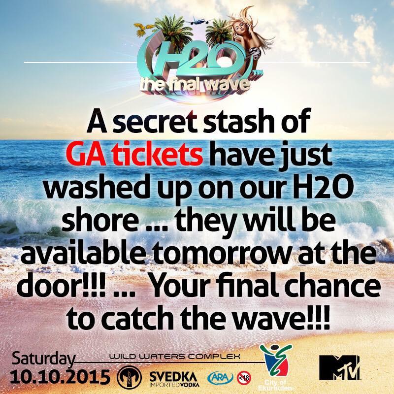 H2O_party's tweet photo. #H2OFinalWave GA tickets available at the door today!
- R400 before 3pm
- R450 after 3pm http://t.co/FdFkFygTpL