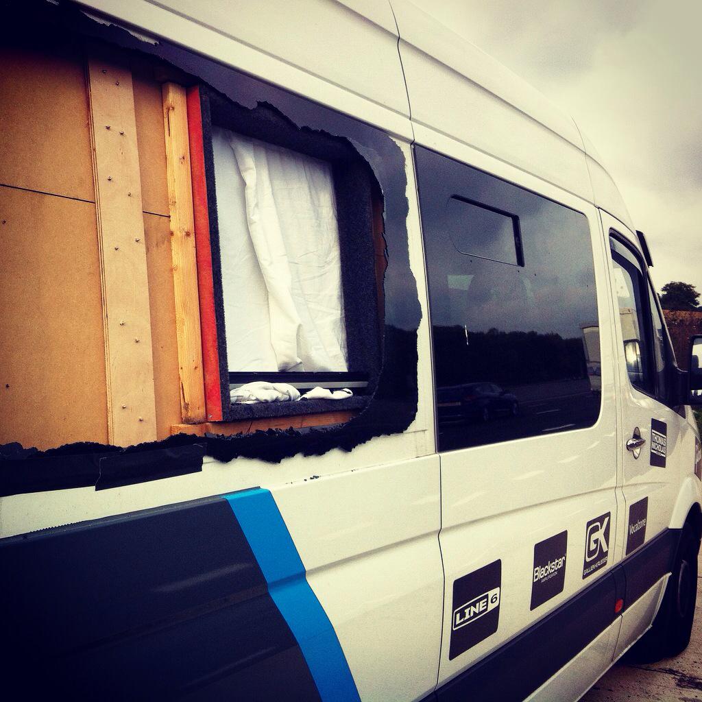 Rock and roll we smashed the #FratPartyTourUK ... No really a rock rolled and smashed our tour bus #Crackin