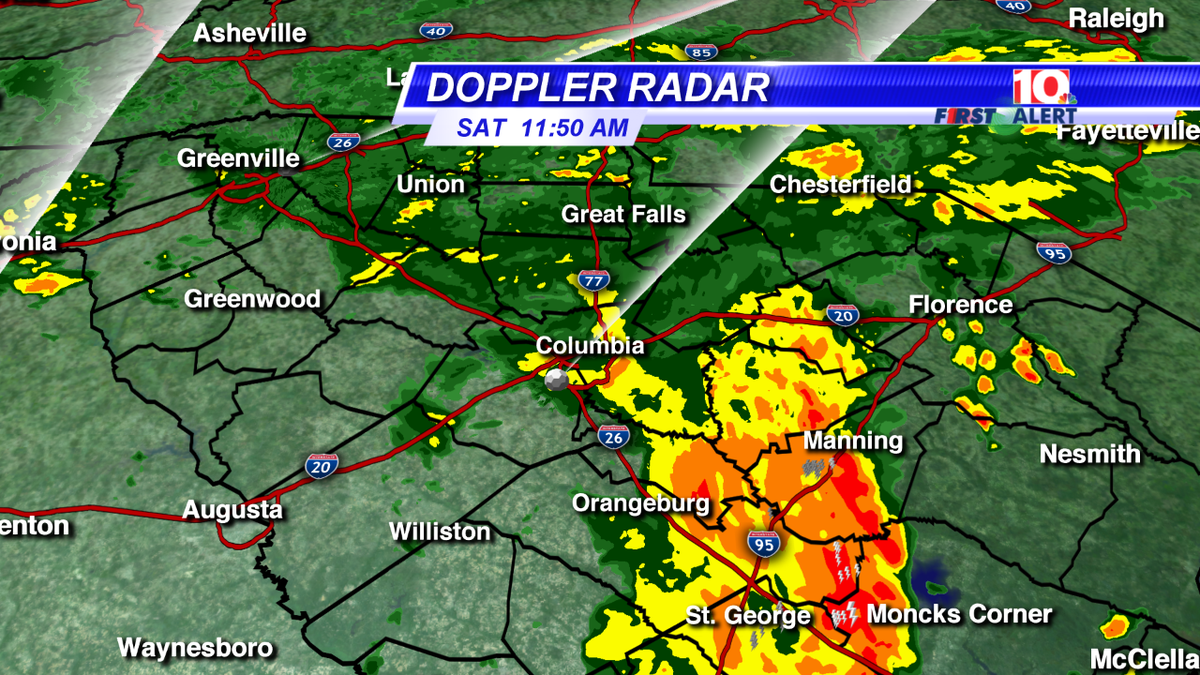 VonGaskin's tweet photo. Update: Heaviest rain has shifted into the #Orangeburg #Calhoun #Sumter and #Clarendon, #Lee #wis10 #FirstAlertWIS10 http://t.co/HMEhQijIr8