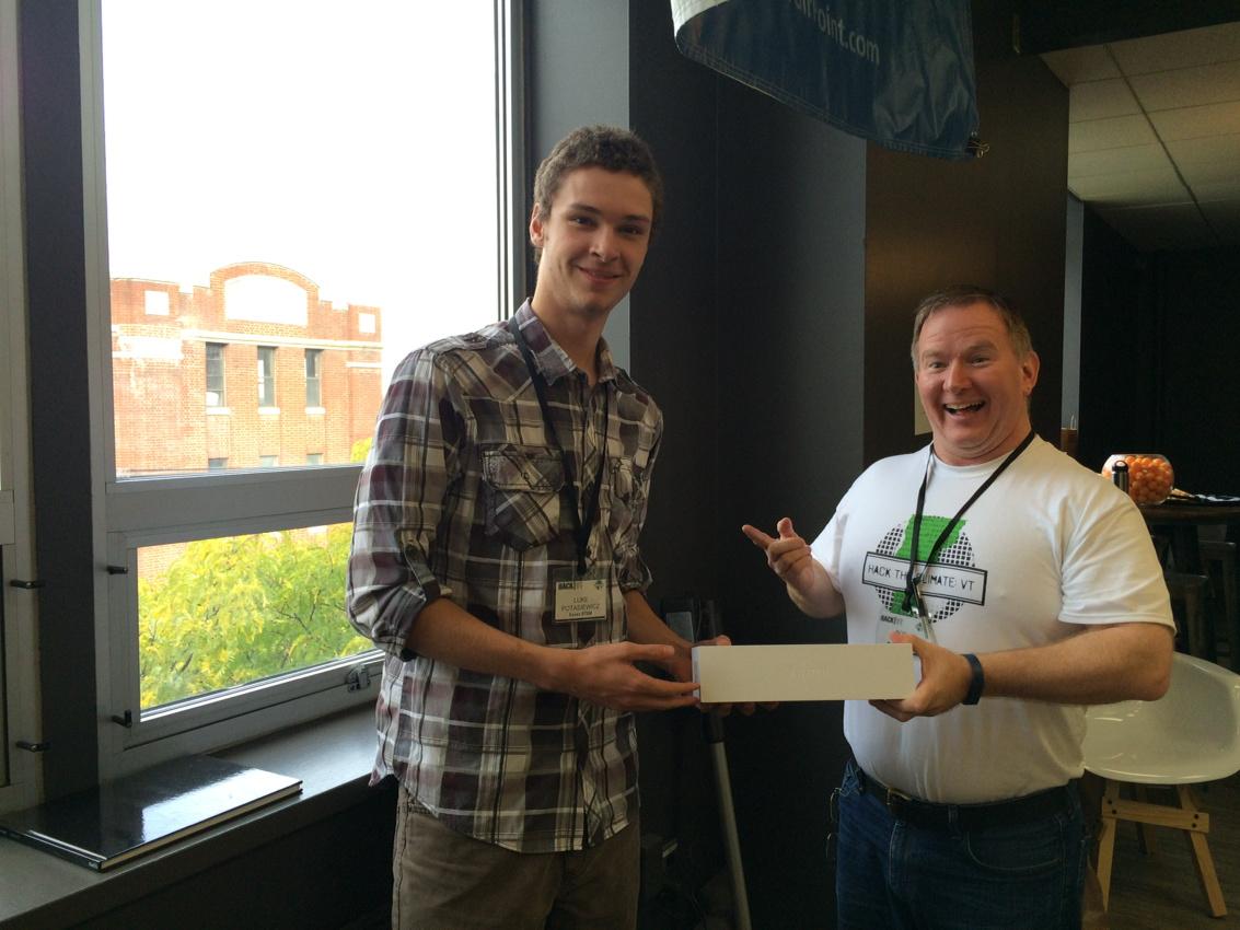 HackVT's tweet image. Congrats to the second quick fire challenge winner! He won an apple watch! @c2vt @essexstem #hackvt2015