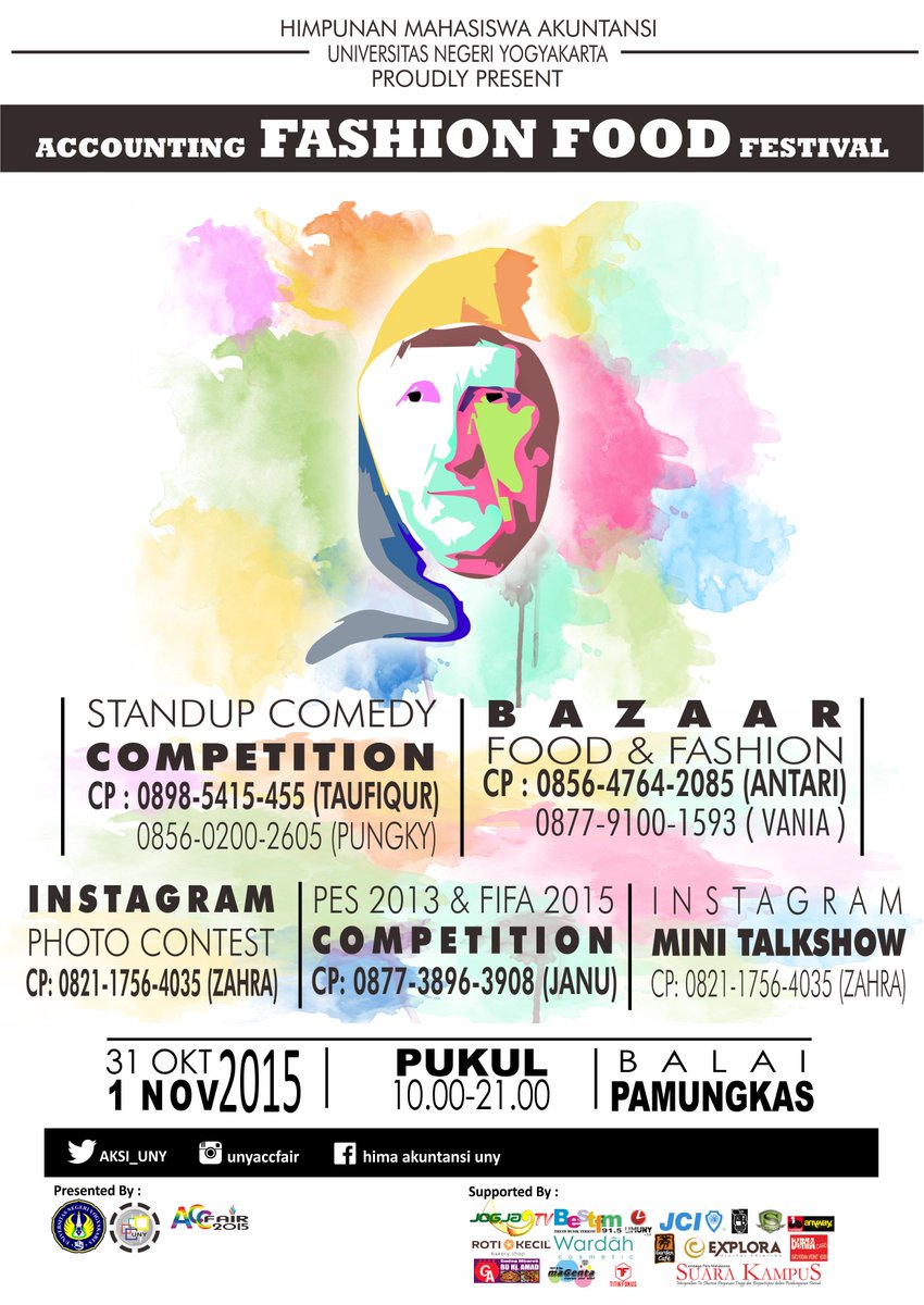 AKSI_UNY's tweet photo. Acc Fashion Food Festival By @AKSI_UNY ! 31 Okt 1 Nov | Balai Pamungkas | Live Music | Free | @infosenijogja https://t.co/OSsuoLktXY
