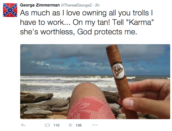 TheGoldPatrol2's tweet photo. Appears #GeorgeZimmerman wants to stick cigar up your butt. His latest taunt to karma Read: http://t.co/RcUPpxXqAM http://t.co/Ub2JH0LYzn
