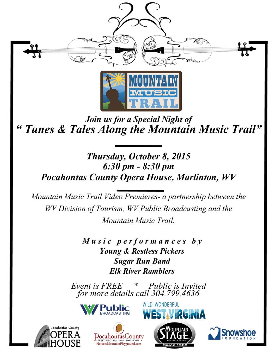 VisitPocahontas's tweet image. Do you love Mountain Music? Then be apart of the Trail! @wvoperahouse @MountainStage @GoToWV @MtnMusicTrail @wvpublic