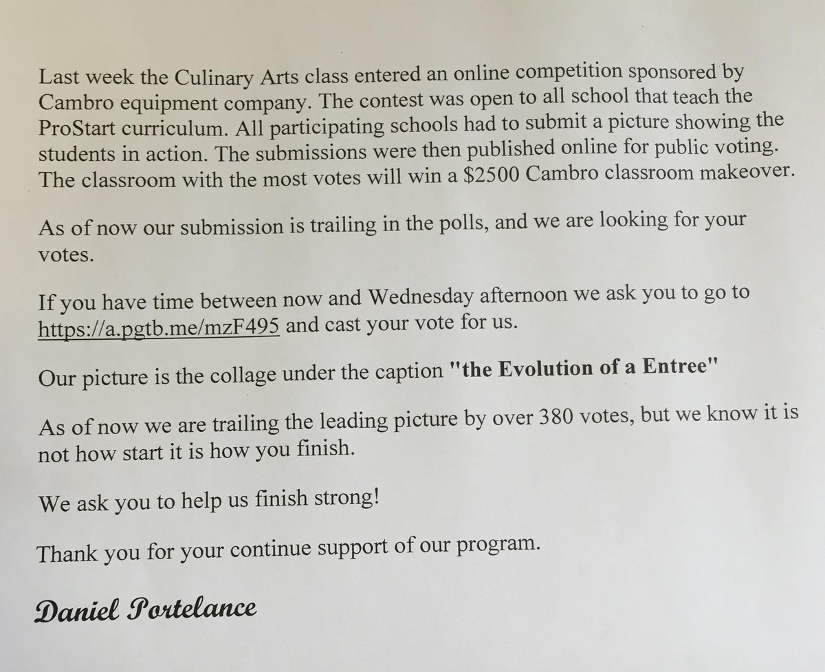 Help support our culinary team! Go to a.pgtb.me/mzF495 &amp; vote! CMHS is the caption "Evolution of a Entree".