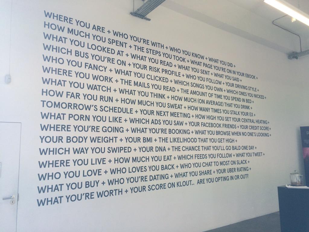 GeorgieBarrat's tweet photo. Brilliant #Privatei exhibition by @signal__noise - explores the realty of what your data footprint reveals about you http://t.co/8io6fpO8s8