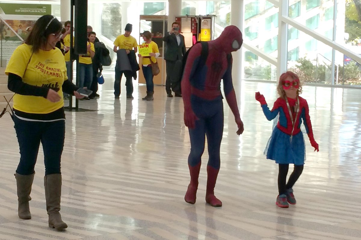 CityofEdmonton's tweet photo. Cheering on our superhero #SpiderMable today! Thank you for fighting crime and rescuing @EdmontonOilers @Ferknuckle http://t.co/NCIBmEhlOJ
