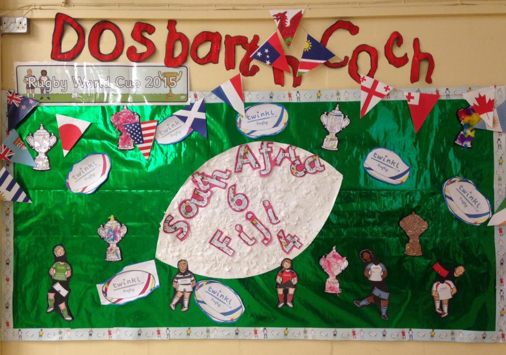Dosbarth Coch's super Rugby World Cup display. So lovely to see the children's work; we love the sparkly trophies!🔴🏉