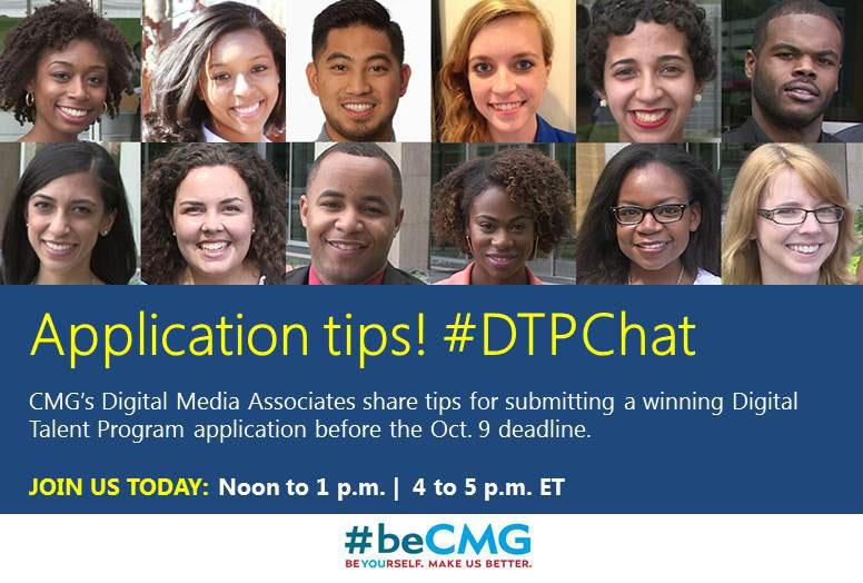 COXMG's tweet photo. Applying for the Digital Talent Program? Our #DTPchat starts NOW! Ask questions! DTP colleagues are here to help. http://t.co/7taCoqPcyV
