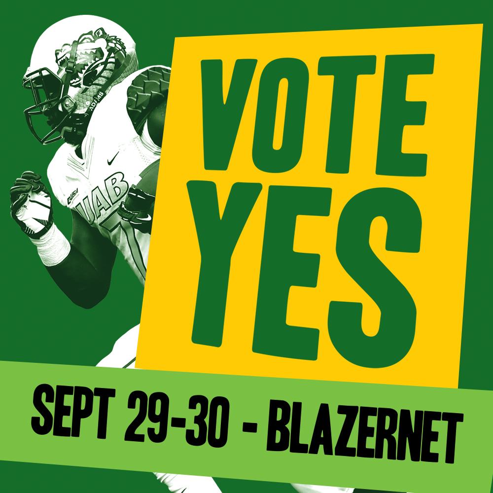 BhamFootball's tweet photo. @UABStudents &amp; @GangGreen_UAB need all of you to vote yes tomorrow! Football depends on it!! #SpreadTheWord http://t.co/GVCeJRCaYz