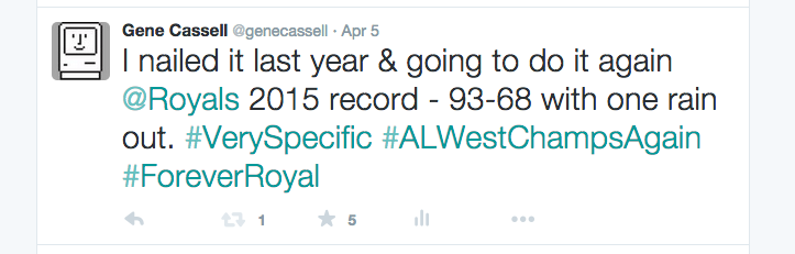 genecassell's tweet image. Well…here was my #Royals prediction for the 2015 year … I need the @Royals to go 3-3 to do it again. #HopeItsBetter