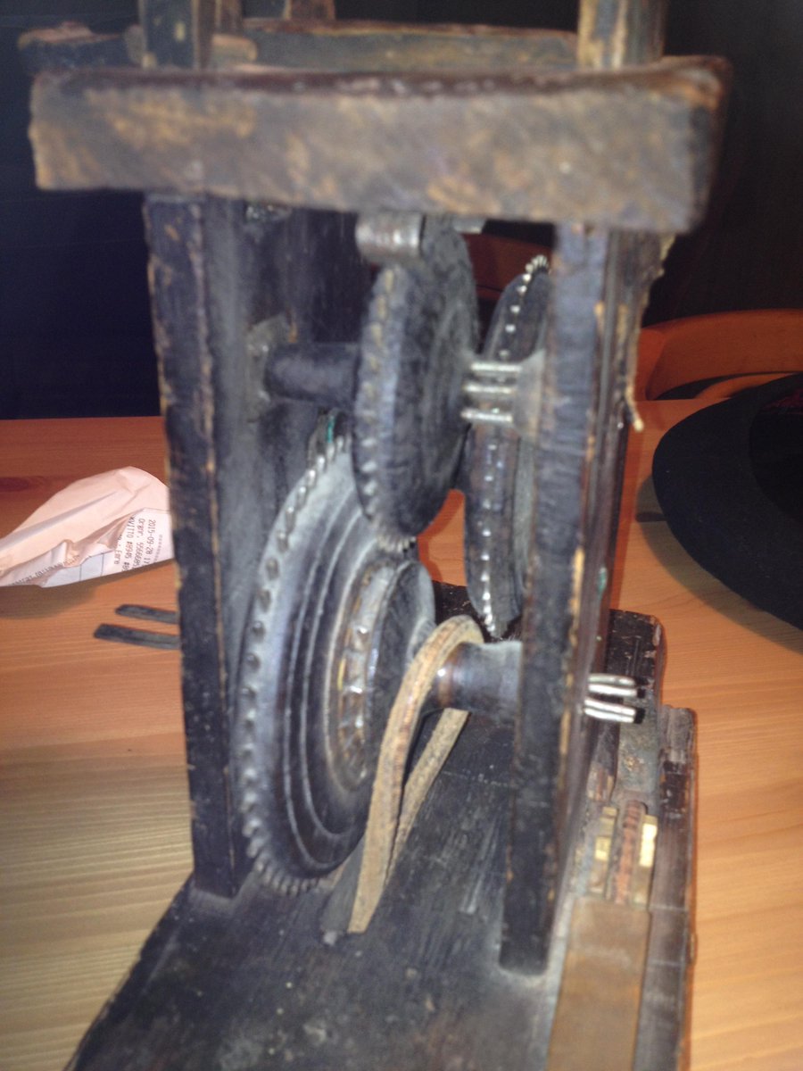 mybenchview's tweet photo. Swedish timepiece perhaps 1780? Wood wheels with steel radial teeth, Nice @wcmtuk @Conservators_uk #clockconservation http://t.co/0ejiRwDw96