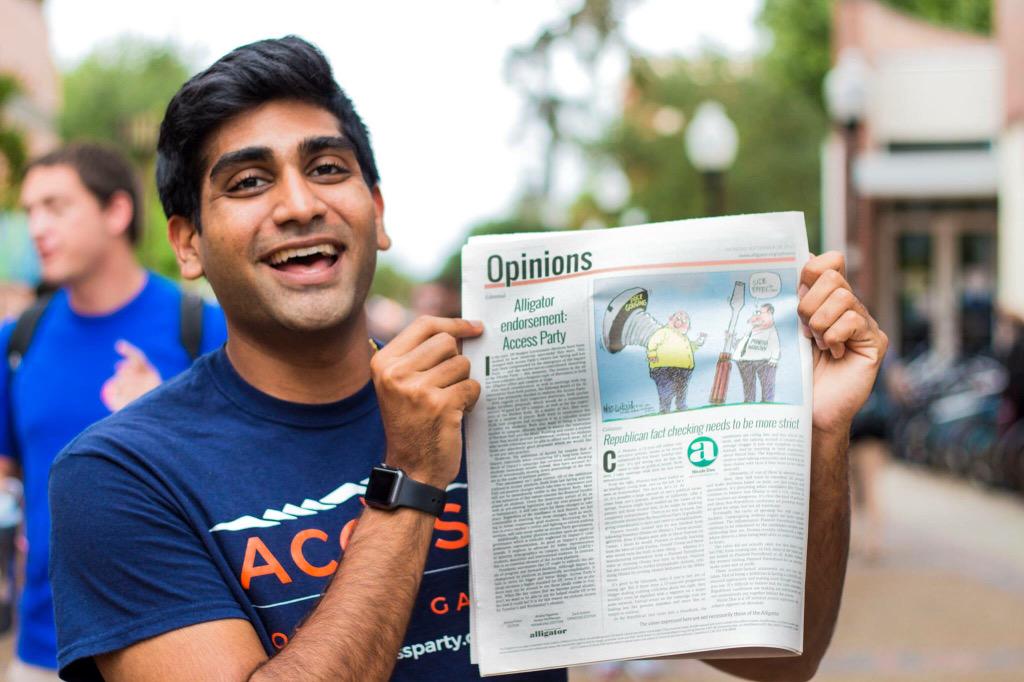 UFAccessParty's tweet photo. Honored to get an endorsement from @TheAlligator for Fall 2015 Elections: http://t.co/5flVerReSJ! #RegPolAdKPatel http://t.co/1bU0LKw9H6