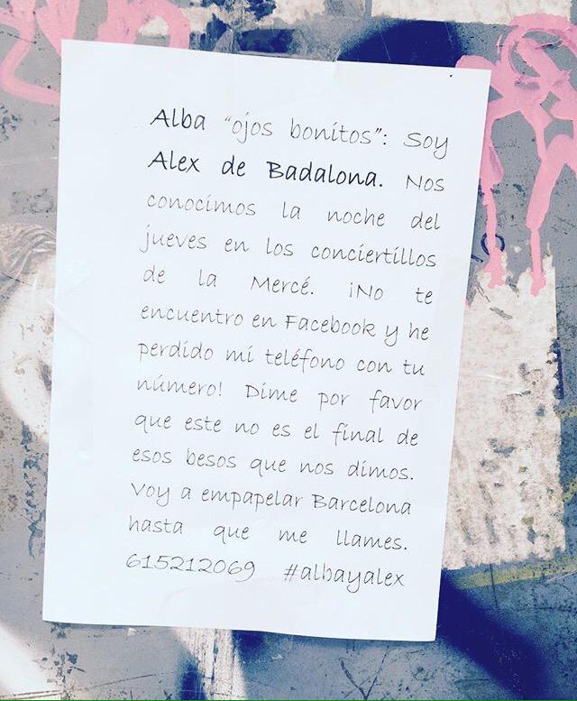 mikiesparbe's tweet photo. ¿Dónde estás Alba? #AmorAnalógico RT IN DA NEIM OF LOF #Merce2015 #EmpapelandoBCNaLo27S #TodosSomosAlex #PrayForAlex http://t.co/Z0zwIXyOsS