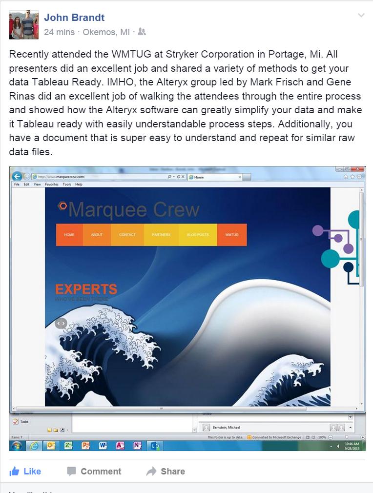 MarqueeCrew's tweet photo. John Brandt, BI Manager. Analytics and Insights at Kellogg Company posted #Alteryx #Tableau ready #supereasy #WMTUG http://t.co/TAvGTCoTeS