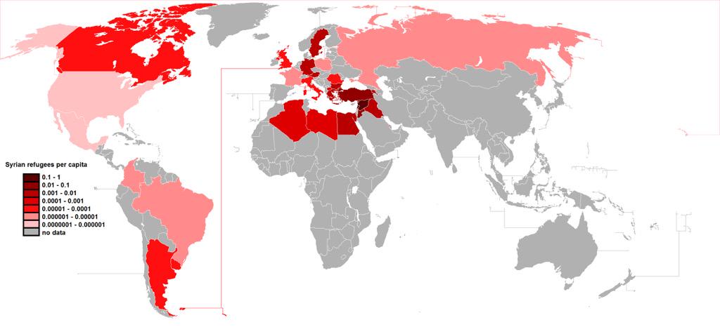 Amazing_Maps's tweet photo. Refugees of the Syrian civil war per capita  
- http://t.co/sa54R5pIFr