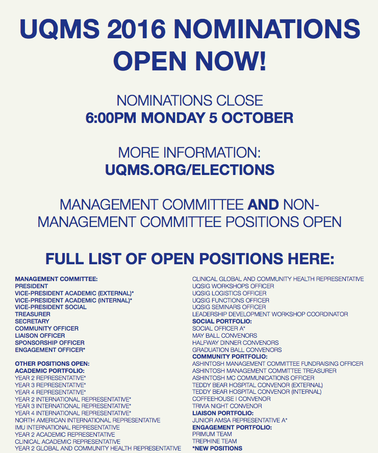 UQMS's tweet photo. Nominations for 2016 UQMS positions are now open! #UQ http://t.co/PJbam9lPfk