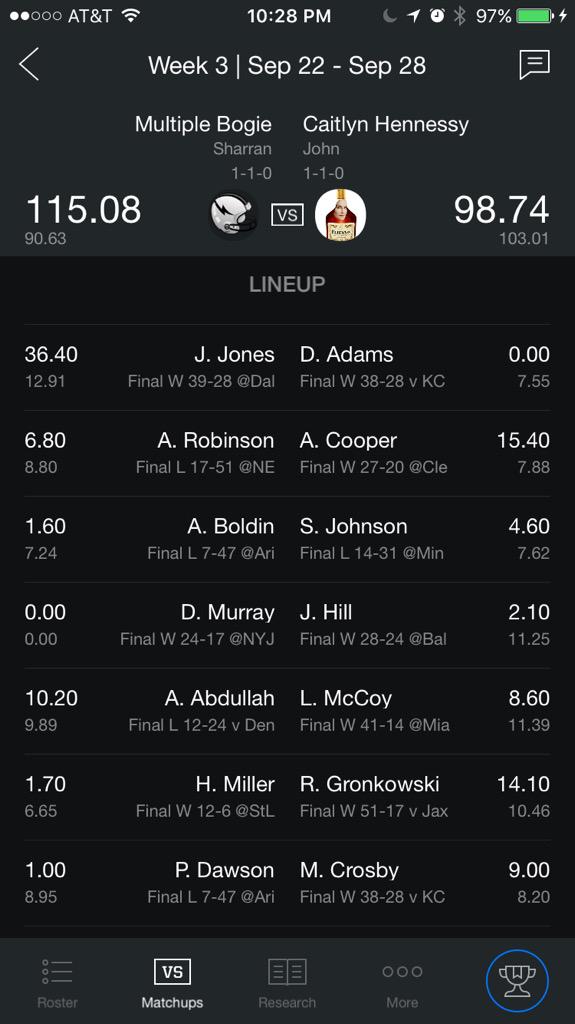 sharran's tweet image. @9a9da @NFLfantasy -- and I still won with over 50 points on my bench. #WinningFail