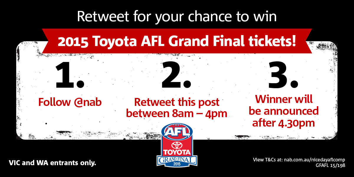 NAB's tweet image. RETWEET for your chance to win 2x #AFLGF tickets! Open to VIC + WA only.
T&amp;amp;Cs: nab.com.au/nicedayaflcomp #HaveANiceDay