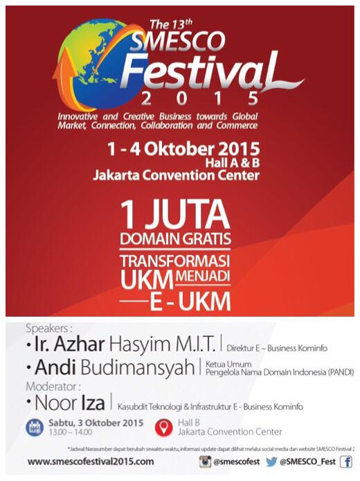 TeknoEvent's tweet photo. 3/10/15 Sosialisasi 1 Juta Domain Gratis | Transformasi UKM menjadi e-UKM @SMESCO_Fest @Pandi_ID http://t.co/jhsqp80eax
