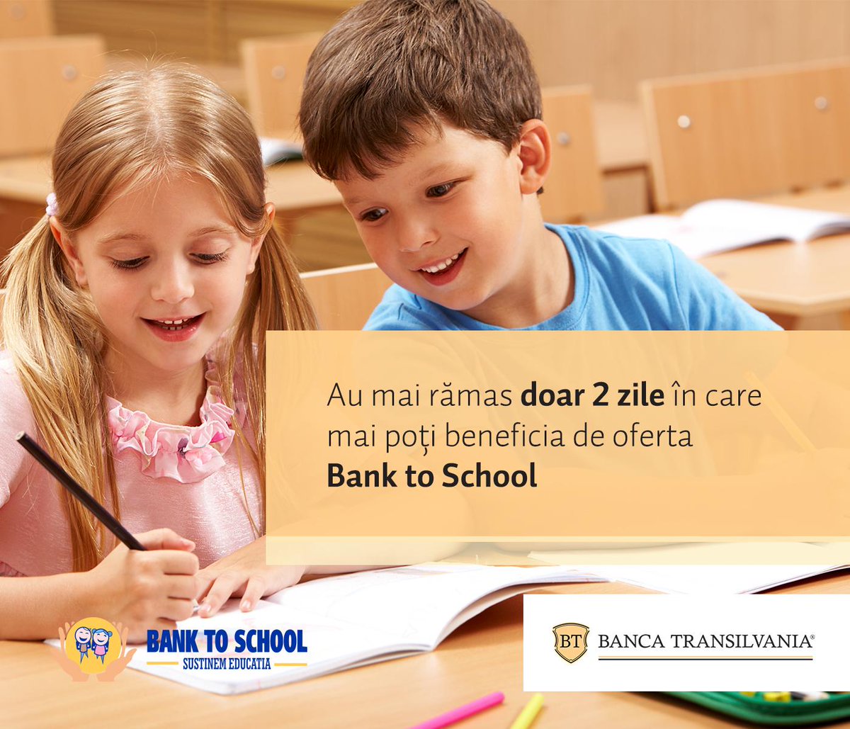 B_Transilvania's tweet photo. Mai sunt 2 zile in care putem sustine impreuna educatia copiilor din Romania. #banktoschool http://t.co/K7xzkZ0zuL http://t.co/Ojcd1jq68U