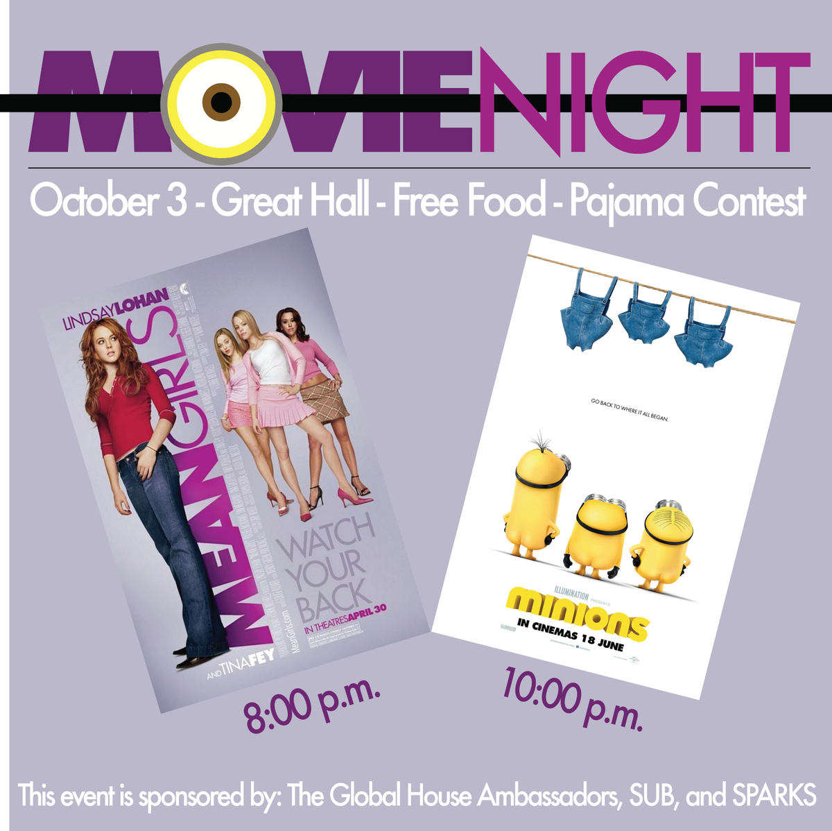 ElonGN's tweet photo. We are hosting a double feature movie night with SUB and SPARKS! #GreatHall #MeanGirls #Minions #MovieNight #GoGlobal http://t.co/Fo0aM0RXrL