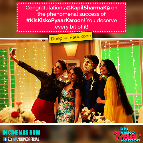 KisKiskoPyaarKaroon (@kkpkofficial) on Twitter photo .<a href="/deepikapadukone/">Deepika Padukone</a> wishes <a href="/KapilSharmaK9/">Kapil Sharma</a>​ and KKPK all the best.
Book your tickets now: bit.ly/KKPKTickets .<a href="/deepikapadukone/">Deepika Padukone</a> wishes <a href="/KapilSharmaK9/">Kapil Sharma</a>​ and KKPK all the best.
Book your tickets now: bit.ly/KKPKTickets