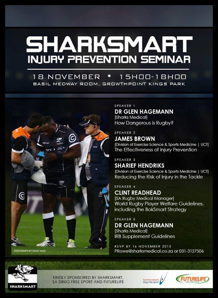 #SharkSmart Injury Prevention Seminar. 18 Nov 15h00 Growthpoint Kings Park.  @TheSharksZA <a href="/futurelifeza/">FUTURELIFE®</a>