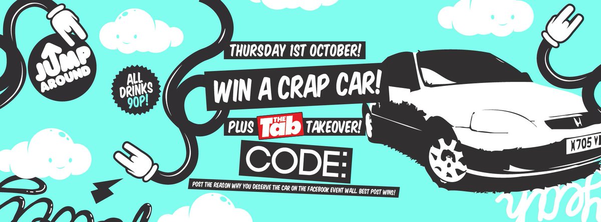 JumpAroundSheff's tweet photo. This Thurs Jump Around at @codesheffield 
Win A Crap Car! 
Read here http://t.co/hocW9sdBrU http://t.co/2kf33LhQVc