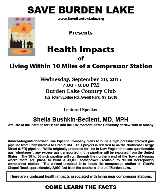 SaveBurdenLake's tweet photo. ALL INVITED to tomorrow's Forum on Health Impacts of Living within 10mi of #CompressorStation #CompleteItCuomo http://t.co/yjayL44utg