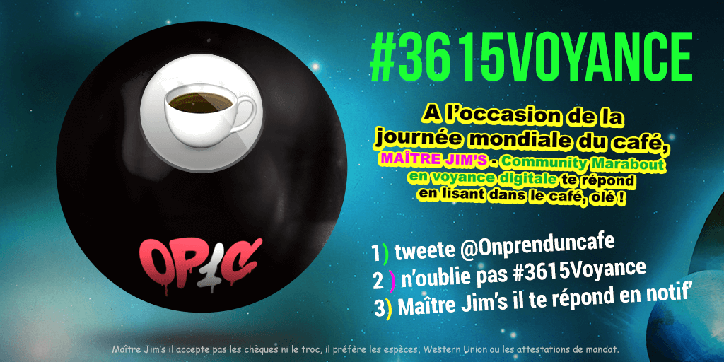 Pour le #InternationalCoffeeDay on lit l’avenir dans le marc café ! Tweetez @onprenduncafe et #3615Voyance