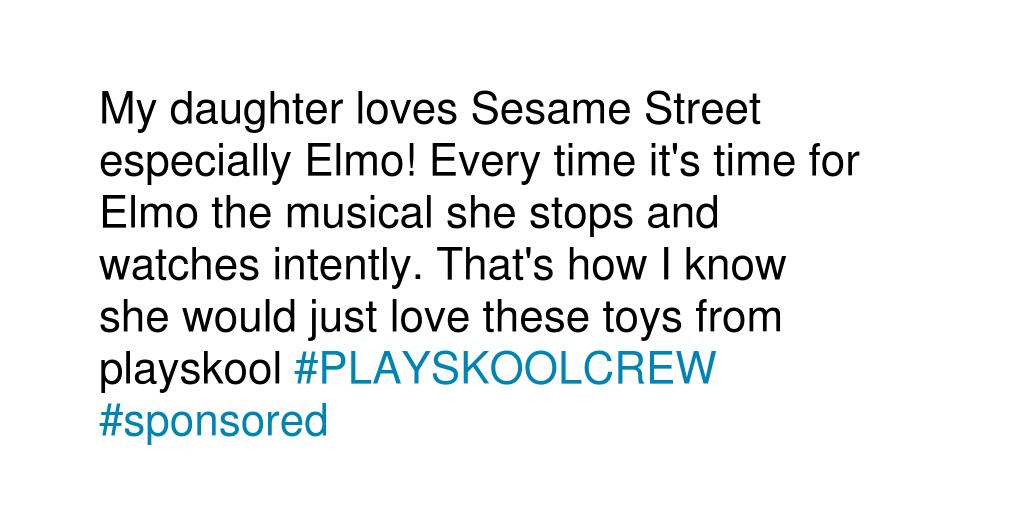 jentyree's tweet photo. Why would the PLAYSKOOL Sesame Street Play All Day Elmo make for a good gift for your c...  #PLAYSKOOLCREW #sponsored http://t.co/BA0ydRtE3Q