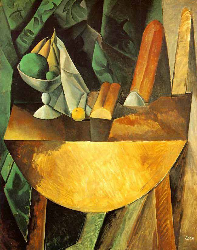 What Did Pablo Picasso and Bread and Fruit Dish on a Table Look Like  in 1909 