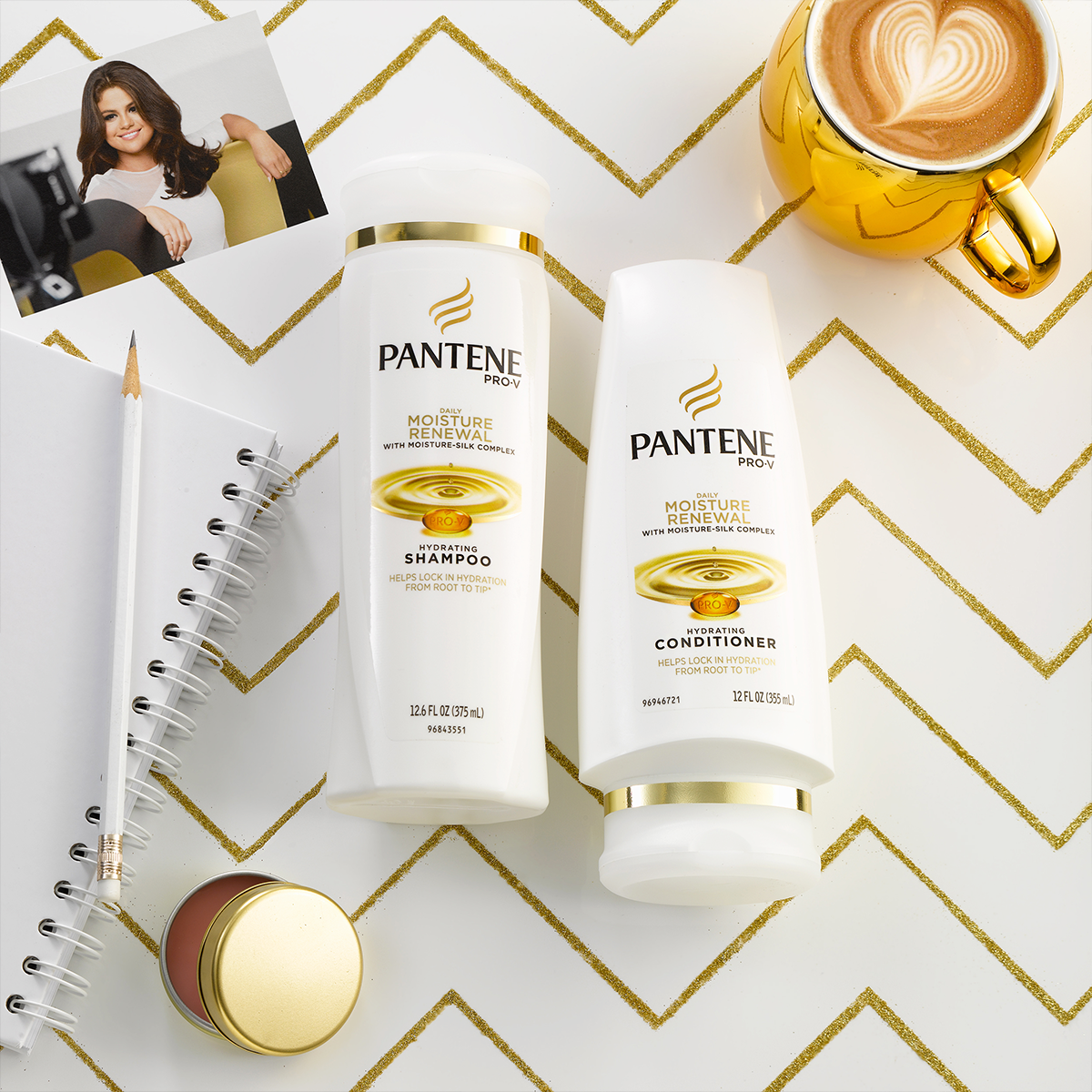 Pantene's tweet photo. .@SelenaGomez's secret to #GirlBoss status? Silky-strong hair, a latte &amp; these life essentials. #NationalCoffeeDay ☕ http://t.co/HQy1sU516L