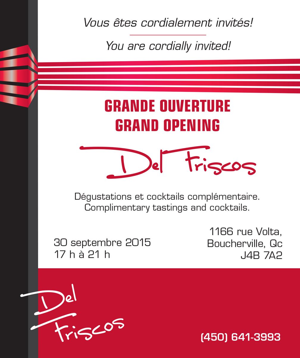 DelFriscosResto's tweet photo. @CousinVinnyMTL You are cordially invited to the official grand opening of our new Boucherville location tomorrow! http://t.co/876vazmtIK