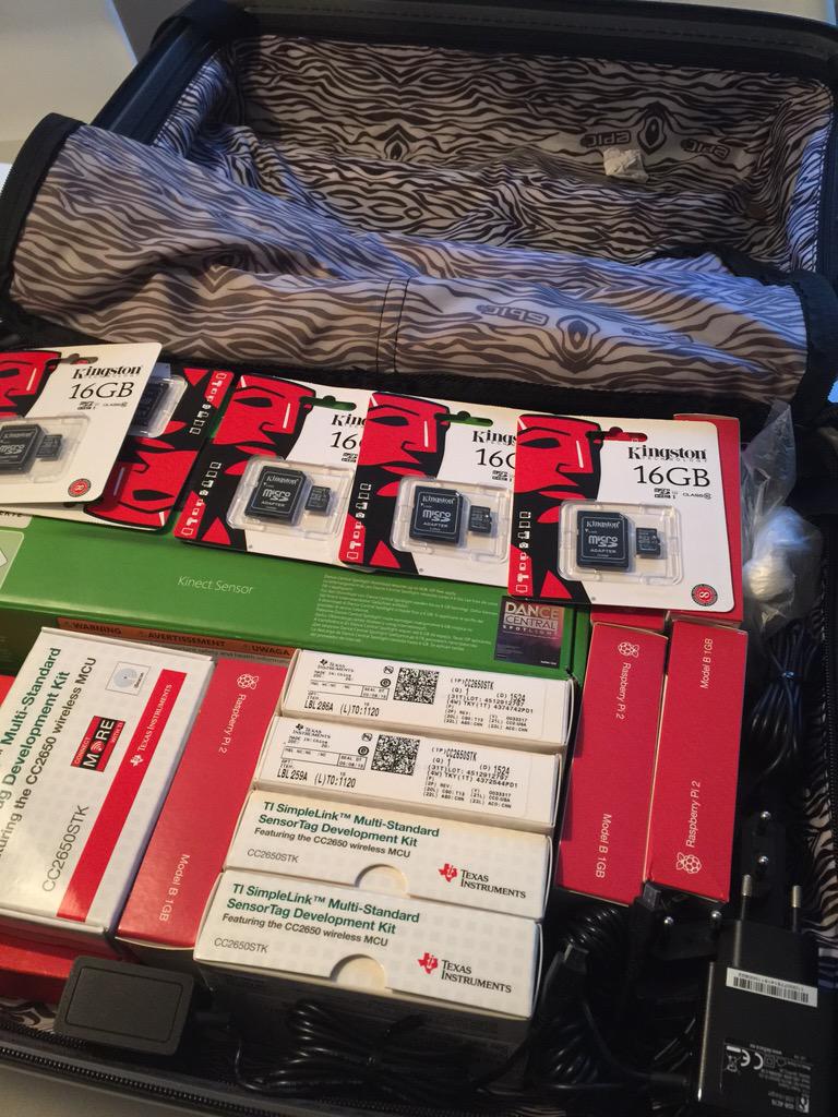 ulfbjo's tweet photo. Packing for Zurich. Who needs clothes! #hackzurich #photon #cc2650 #RaspberryPi #kinectsensor http://t.co/YQCtYTnDb3