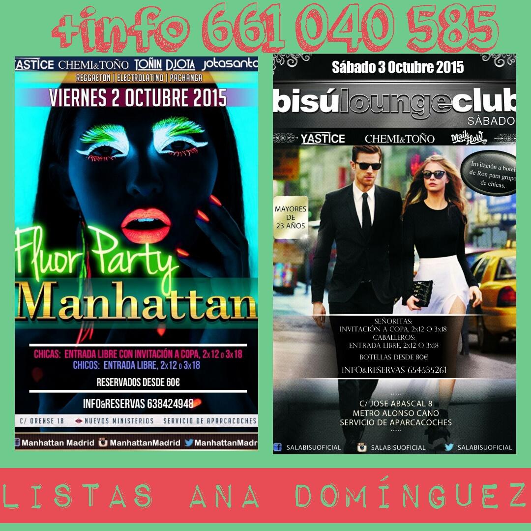 DomiRRPP's tweet photo. 📝Listas ANA DOMÍNGUEZ📝

Pases, Listas y Reservados 📋
+info 661 040 585 📞

#Manhattan #Party #Madrid #BisúLoungeClub http://t.co/Jz3lYfjbMp