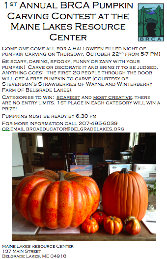 Belgrade_Lakes's tweet photo. 1st Annual BRCA Pumpkin Carving Contest Thurs Oct 22nd! #therewillbeprizes #comeonecomeall #halloween #pumpkins http://t.co/oJhcCslwaX