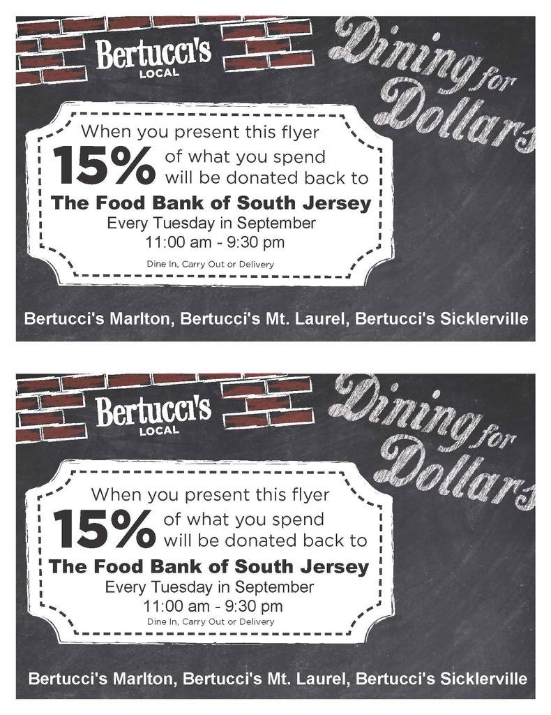 foodbankSJ's tweet photo. Today's the last day to #DineOut4Hunger at @Bertuccis Bring in the coupons & 15% of profits get donated to the us! http://t.co/ElFyishwvy